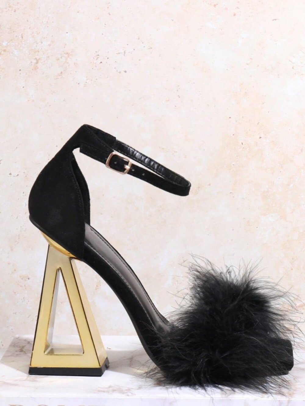 Black Chic Women's Fluffy Open-Toe Ankle-Strap Party Sandals - Picture 4 of 5